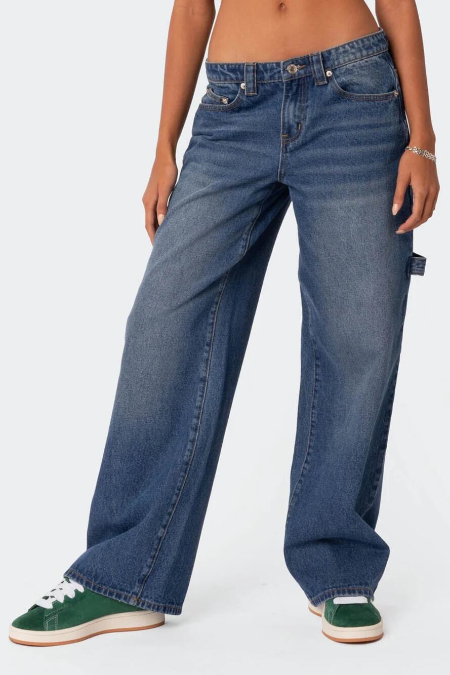 Edikted 100% Cotton Low Rise Denim Wide Leg Carpenter Jeans Blue Women's Size M